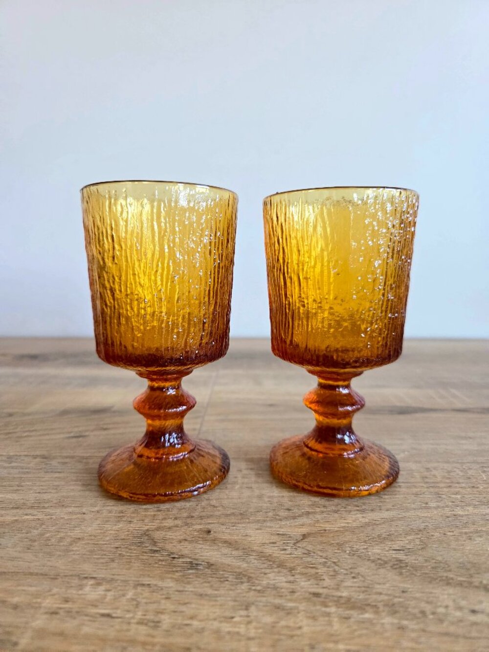 2 Vintage 1970s Ravenhead Siesta Amber Glass Goblets
